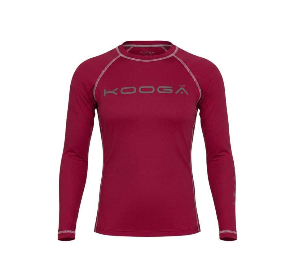 Ruggers Rugby Supply KooGa long sleeve thermal compression shirt in maroon with contrasting flatlock seams.
