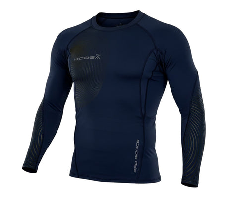 Ruggers Rugby Supply KooGa long sleeve compression shirt in navy blue with thermal lining and graphic detailing.