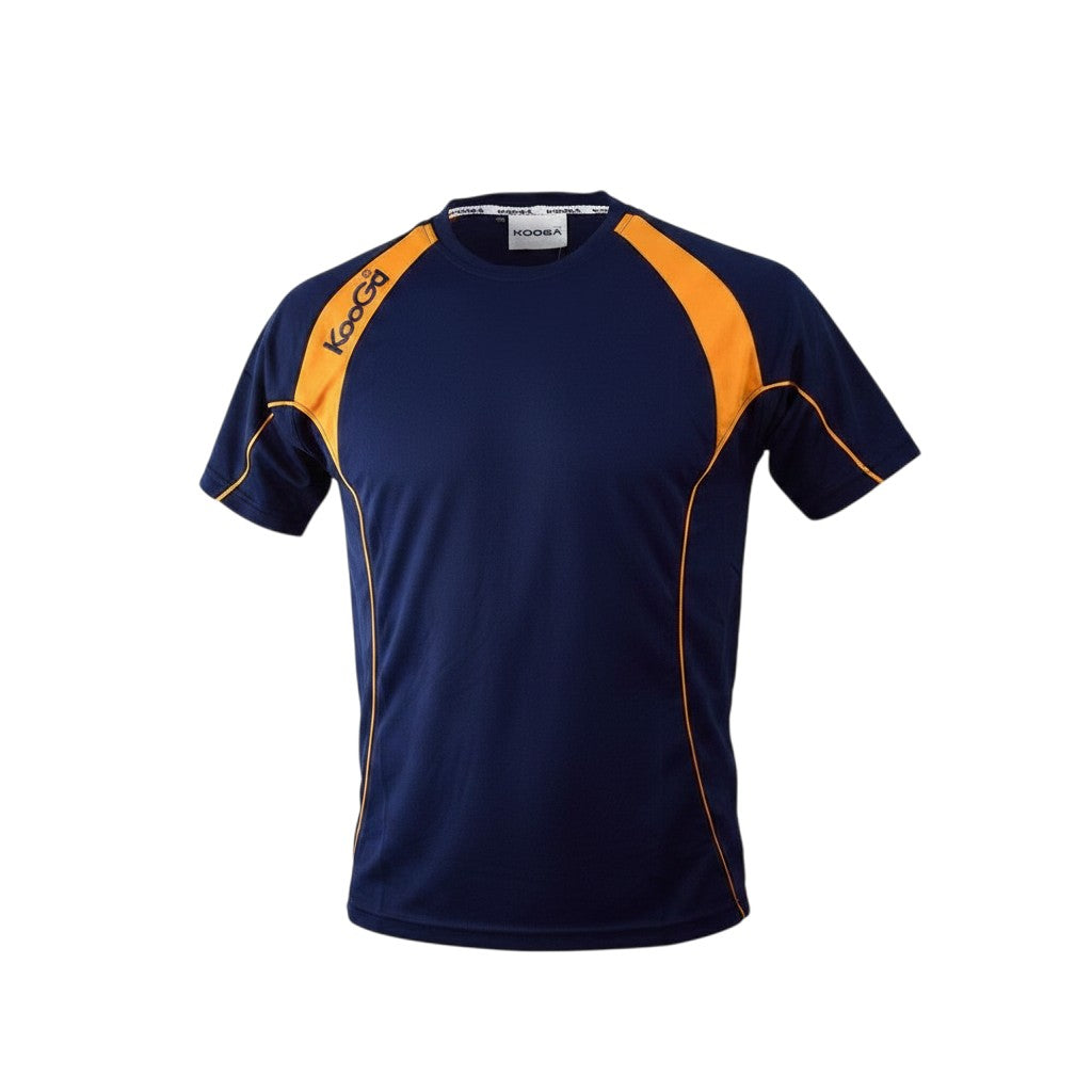 Ruggers Rugby Supply KooGa performance training tee in navy blue with vibrant orange shoulder and side panels.