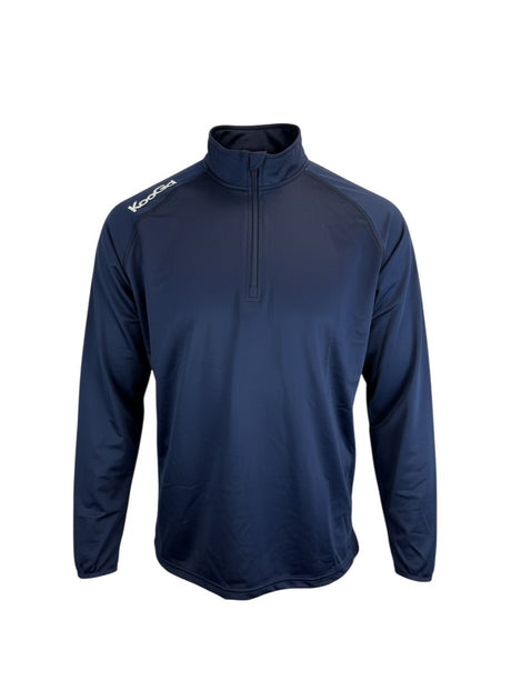 Ruggers Rugby Supply KooGa navy blue performance quarter zip pullover with thumbholes and embroidered sleeve logo
