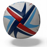 Ruggers Rugby Supply KooGa practice rugby ball with white, red, and blue geometric grip pattern on a white background