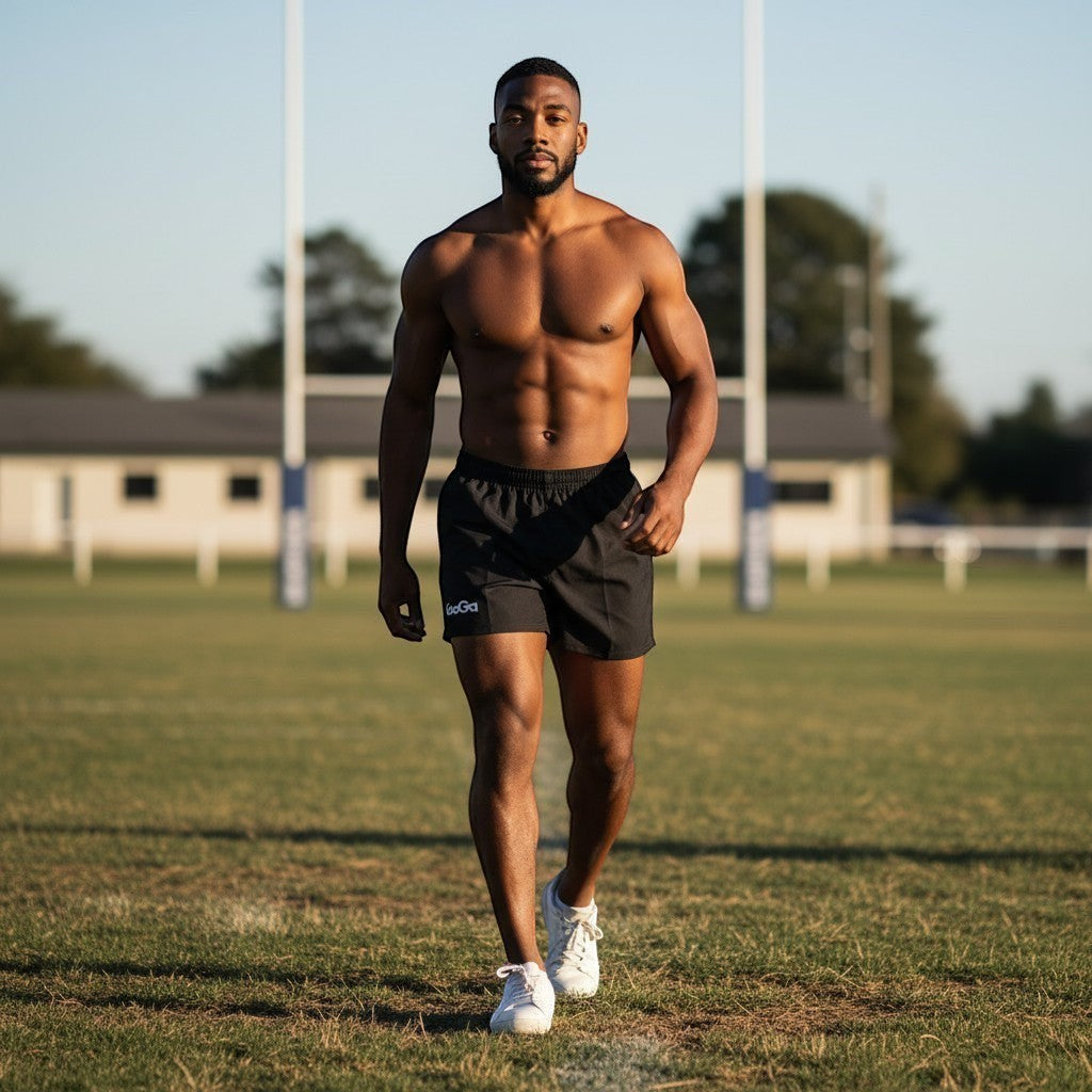 Ruggers Rugby Supply athlete wearing black KooGa ProK rugby shorts on a field with goalposts in the background