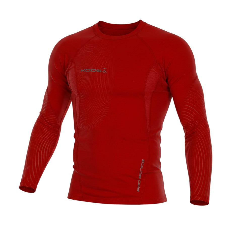 Ruggers Rugby Supply KooGa red long sleeve compression shirt with Pro-Bionics muscle support and graphic detailing.