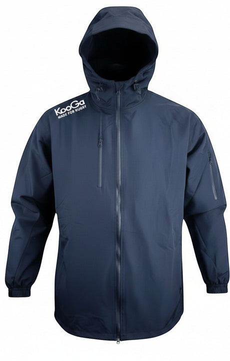 Ruggers Rugby Supply KooGa Tempest black waterproof parka with hood, chest pocket, and adjustable cuffs.