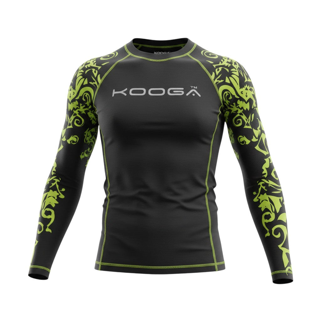 Ruggers Rugby Supply KooGa long sleeve thermal compression shirt in black with lime green tribal sleeve patterns.