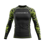 Ruggers Rugby Supply KooGa long sleeve thermal compression shirt in black with lime green tribal sleeve patterns.