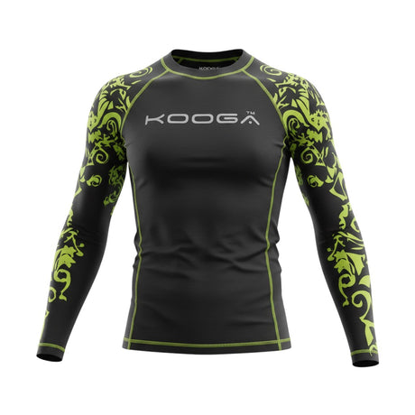 Ruggers Rugby Supply KooGa long sleeve thermal compression shirt in black with lime green tribal sleeve patterns.