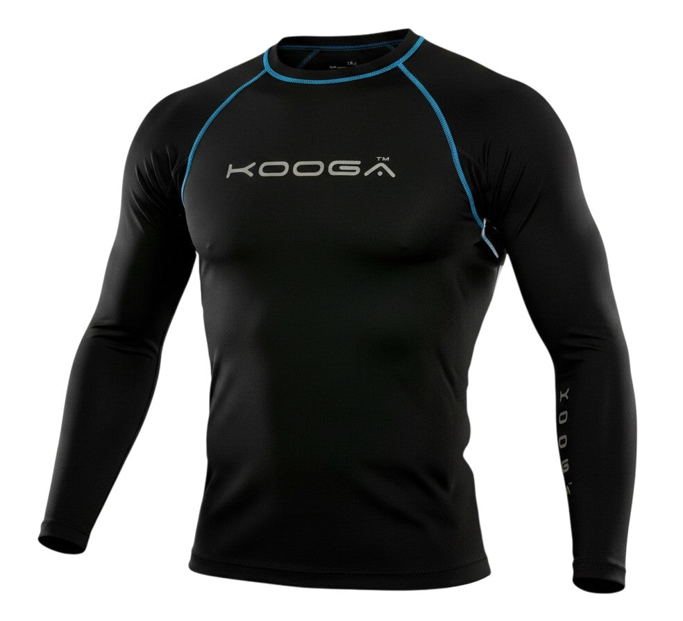 Ruggers Rugby Supply KooGa black long sleeve thermal compression shirt with blue flatlock seams and logo branding.