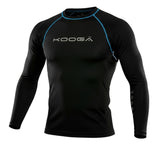 Ruggers Rugby Supply KooGa black long sleeve thermal compression shirt with blue flatlock seams and logo branding.