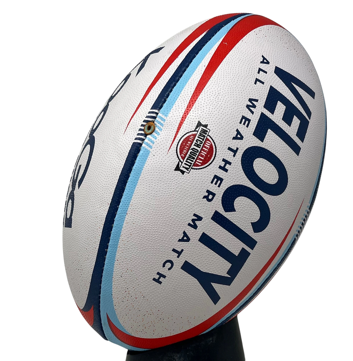 Ruggers Rugby Supply KooGa Velocity match rugby ball in white with blue and red graphic accents