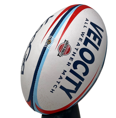 Ruggers Rugby Supply KooGa Velocity match rugby ball in white with blue and red graphic accents