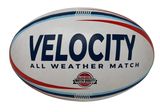 Ruggers Rugby Supply KooGa Velocity match rugby ball in white with blue and red graphic details