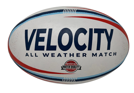 Ruggers Rugby Supply KooGa Velocity match rugby ball in white with blue and red graphic details