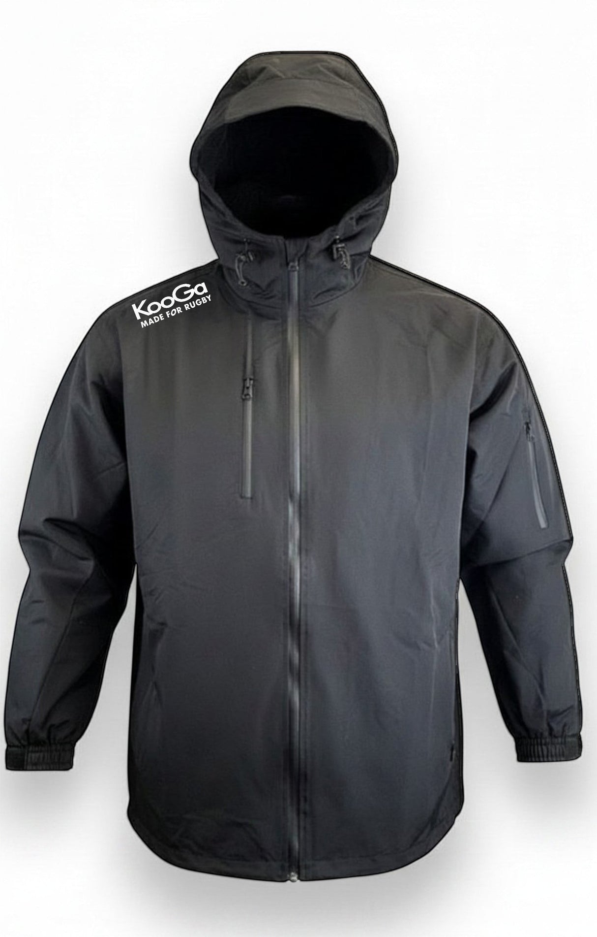 Ruggers Rugby Supply black KooGa Tempest waterproof parka with hood, zippered pockets, and adjustable cuffs.