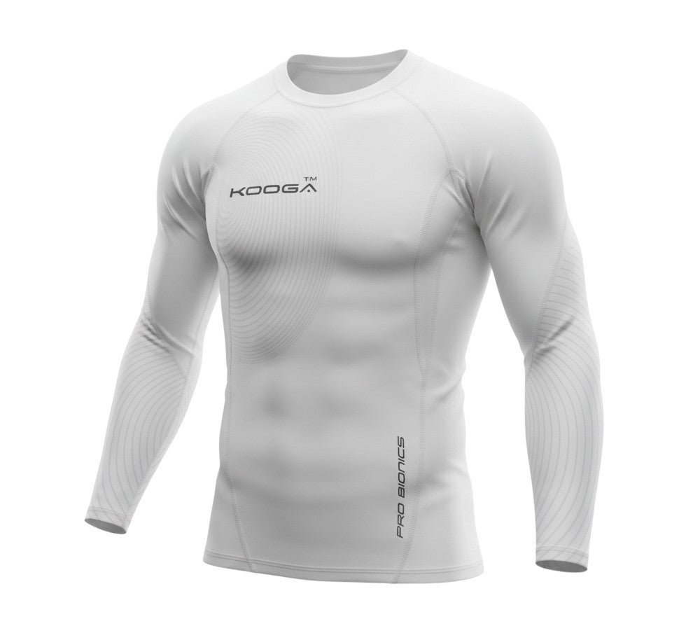 Ruggers Rugby Supply KooGa white long sleeve compression shirt with Pro-Bionics thermal technology and graphic details.