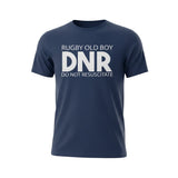 Ruggers Rugby Supply navy blue tri-blend t-shirt featuring white Rugby Old Boy DNR Do Not Resuscitate graphic print.