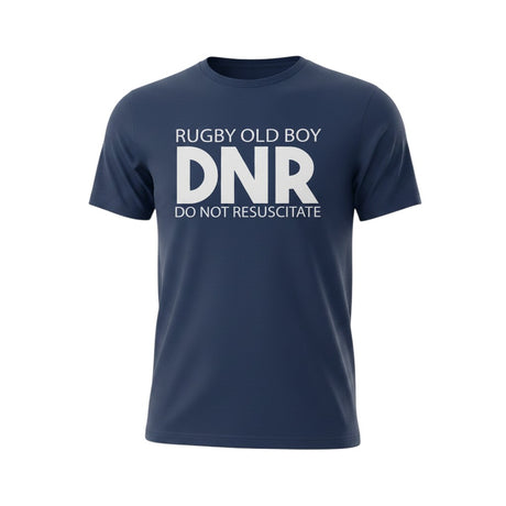Ruggers Rugby Supply navy blue tri-blend t-shirt featuring white Rugby Old Boy DNR Do Not Resuscitate graphic print.