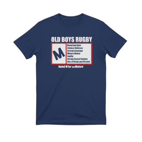Ruggers Rugby Supply navy blue tri-blend t-shirt featuring an Old Boys Rugby Rated M for Mature graphic print.