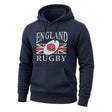 Ruggers Rugby Supply navy blue unisex fleece hoody featuring the England Rugby logo and drawstring hood