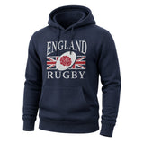 Ruggers Rugby Supply navy blue unisex fleece hoody featuring the England Rugby logo and drawstring hood