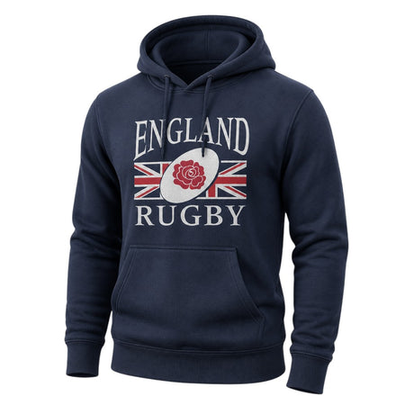 Ruggers Rugby Supply navy blue unisex fleece hoody featuring the England Rugby logo and drawstring hood