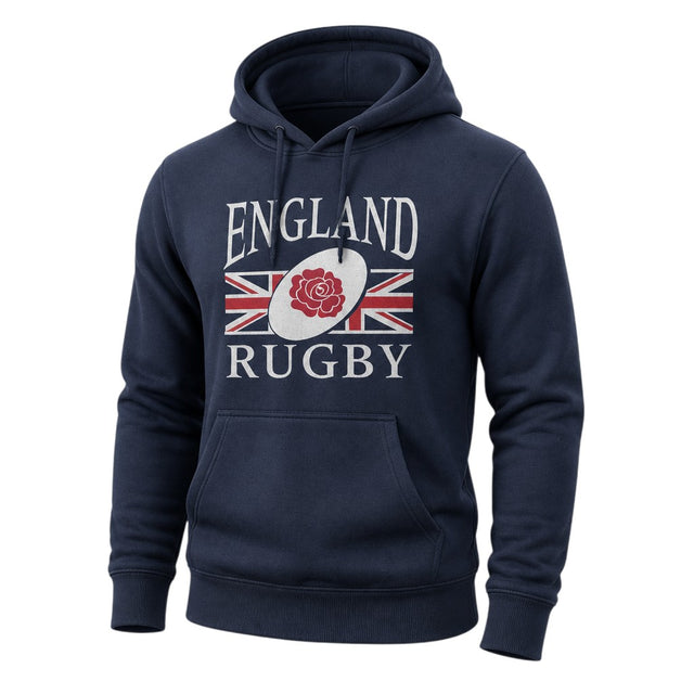 Ruggers Rugby Supply navy blue unisex fleece hoody featuring the England Rugby logo and drawstring hood