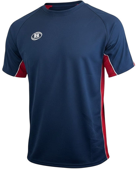 Ruggers Rugby Supply navy blue athletic match jersey with red and white side panels and crew neck