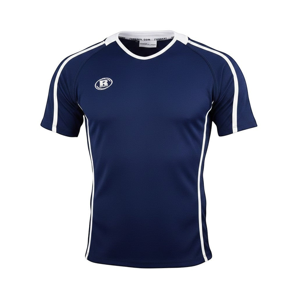 Ruggers Rugby Supply Warrior II navy blue performance rugby jersey with white side panels and a simplified collar.