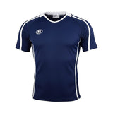 Ruggers Rugby Supply Warrior II navy blue performance rugby jersey with white side panels and a simplified collar.