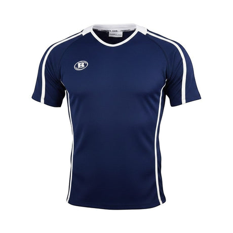 Ruggers Rugby Supply Warrior II navy blue performance rugby jersey with white side panels and a simplified collar.