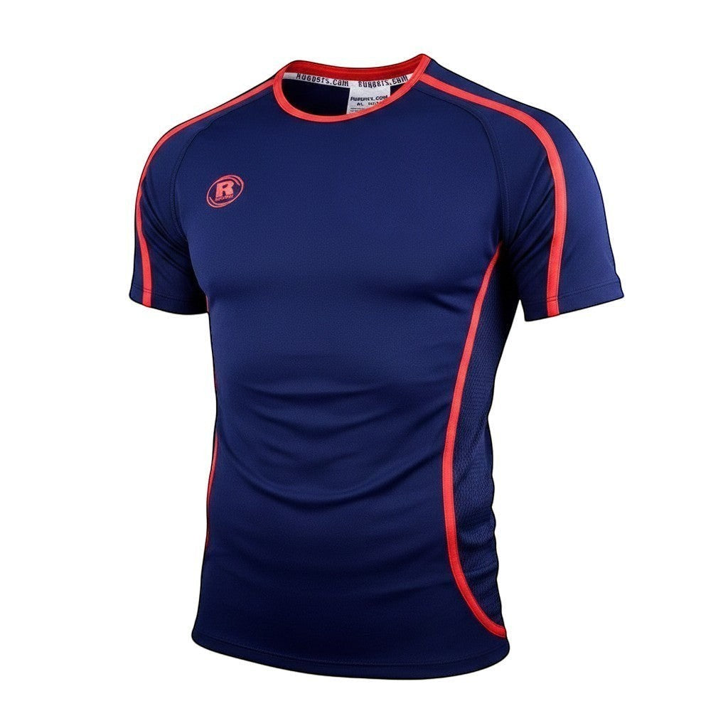 Ruggers Rugby Supply Warrior II navy blue performance jersey with red trim and breathable mesh side panels.