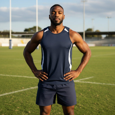 Ruggers Rugby Supply navy sleeveless training tee with white side panels worn by an athlete on a rugby field.