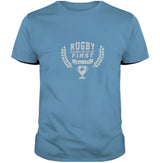 Ruggers Rugby Supply navy blue cotton t-shirt with a vintage white graphic print featuring a rugby trophy design.