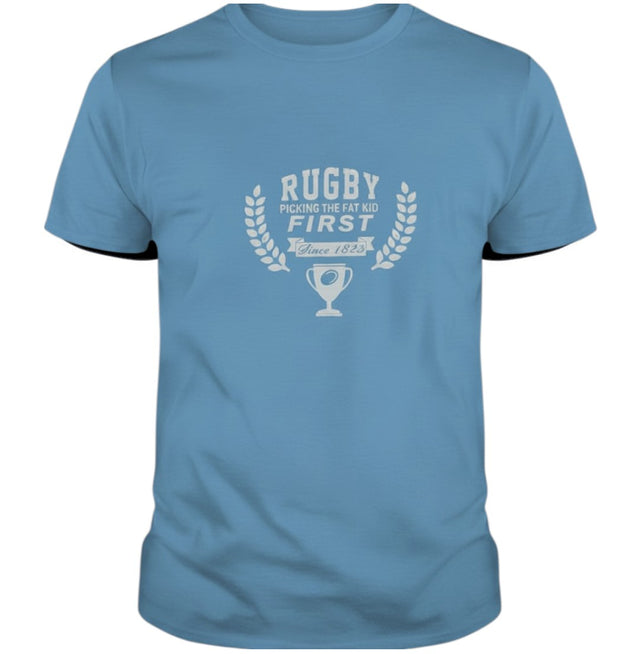 Ruggers Rugby Supply navy blue cotton t-shirt with a vintage white graphic print featuring a rugby trophy design.
