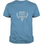 Ruggers Rugby Supply navy blue cotton t-shirt with a vintage white graphic print featuring a rugby trophy design.
