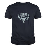 Ruggers Rugby Supply navy blue cotton t-shirt with vintage white graphic print featuring a rugby trophy and text.