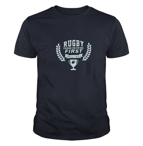 Ruggers Rugby Supply navy blue cotton t-shirt with vintage white graphic print featuring a rugby trophy and text.