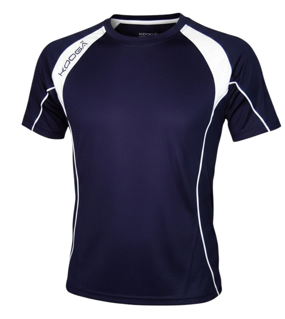 Ruggers Rugby Supply KooGa navy and white moisture-wicking performance training tee with athletic fit.