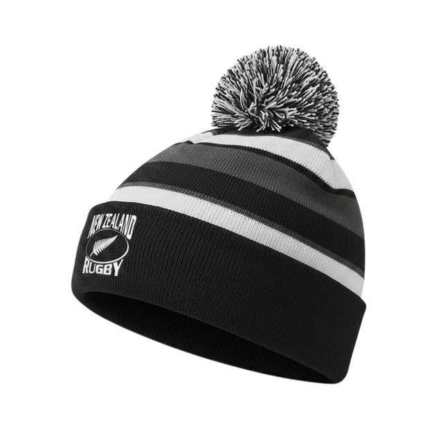 Ruggers Rugby Supply New Zealand Rugby pom pom hat in black, grey, and white acrylic knit with embroidered logo.