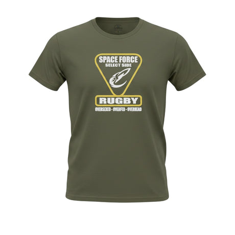 Ruggers Rugby Supply olive green unisex tri-blend t-shirt featuring a Space Force Select Side rugby graphic logo.