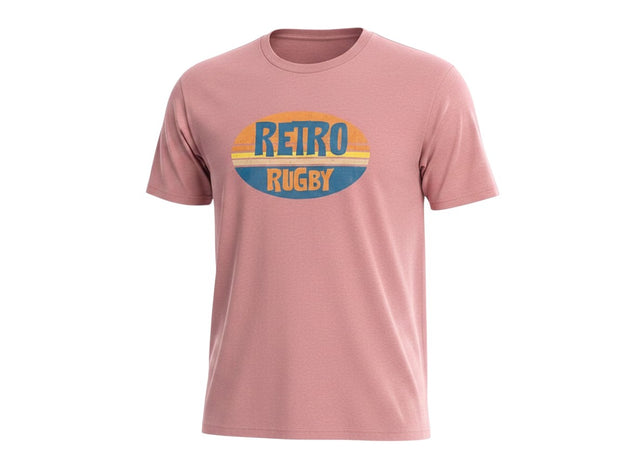 Ruggers Rugby Supply dusty pink crew neck t-shirt with a vintage-style oval graphic print featuring Retro Rugby text.