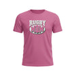 Ruggers Rugby Supply pink tri-blend t-shirt featuring a white and pink Rugby Mom graphic logo on the chest.