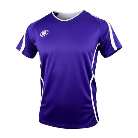 Ruggers Rugby Supply Warrior II purple performance rugby jersey with white mesh side panels and a crew neck collar.