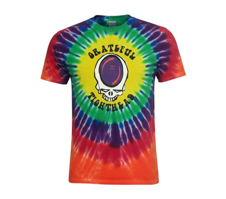 Ruggers Rugby Supply Grateful Tighthead rainbow tie dye t-shirt with skull and rugby ball graphic on front