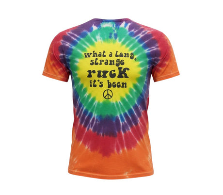 Ruggers Rugby Supply rainbow tie dye t-shirt with What a long strange ruck it's been text and peace sign on back