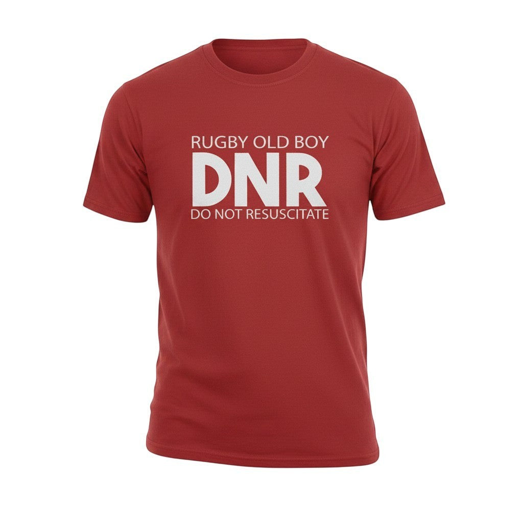 Ruggers Rugby Supply red tri-blend t-shirt featuring white Rugby Old Boy DNR Do Not Resuscitate graphic print