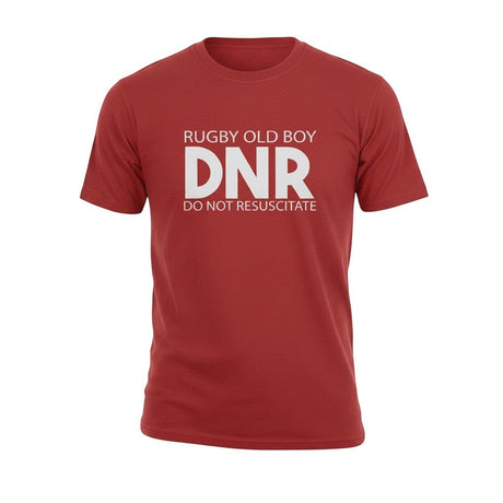 Ruggers Rugby Supply red tri-blend t-shirt featuring white Rugby Old Boy DNR Do Not Resuscitate graphic print