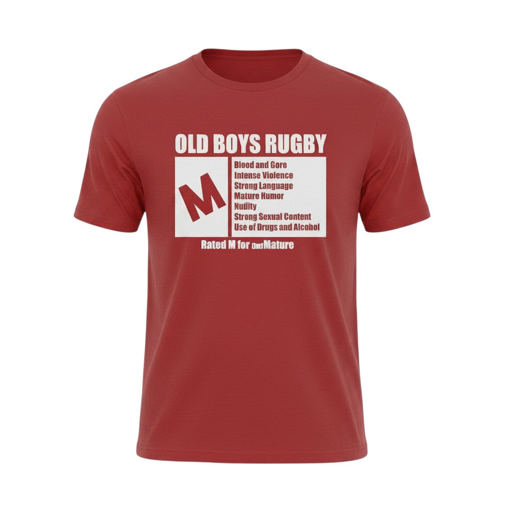 Ruggers Rugby Supply red tri-blend t-shirt featuring a white Old Boys Rugby Rated M for Mature graphic print