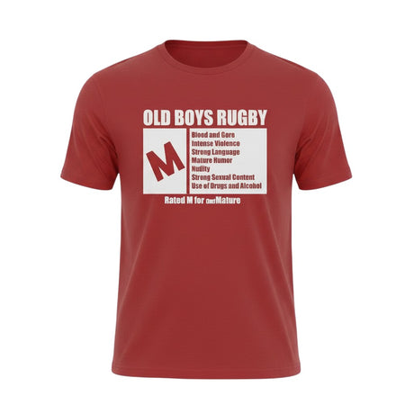 Ruggers Rugby Supply red tri-blend t-shirt featuring a white Old Boys Rugby Rated M for Mature graphic print