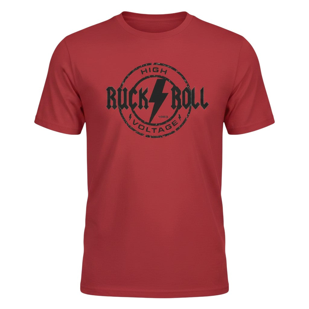 Ruggers Rugby Supply red tri-blend t-shirt featuring a black Ruck and Roll High Voltage graphic design